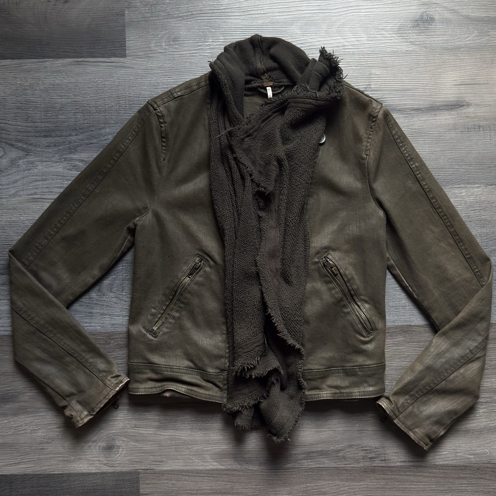Free People Jacket Womens 8 Olive Green Utility Distressed Raw Edge Moto